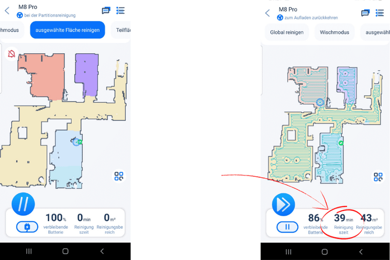 Die Navigationszeit und der Navigationsweg des Proscenic M8 PRO werden in der Proscenic App dargestellt.